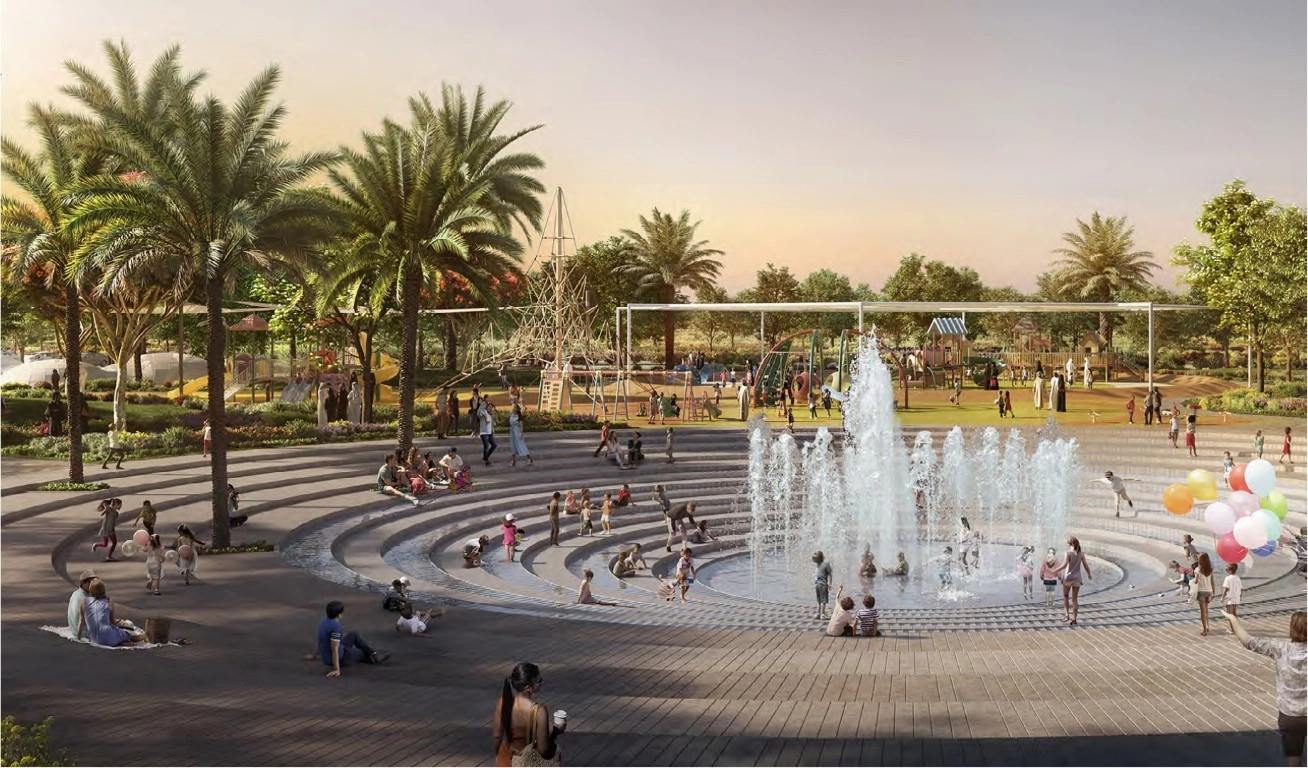 Villas with large driveways and fenced gardens at Yas Park Views Abu Dhabi